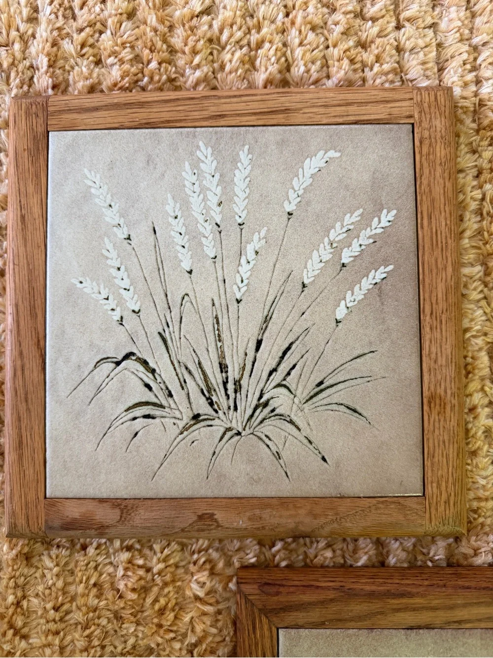 1970 Large Trivet Frame Heavy Ceramic Tile Wheat | White Flowers Pattern